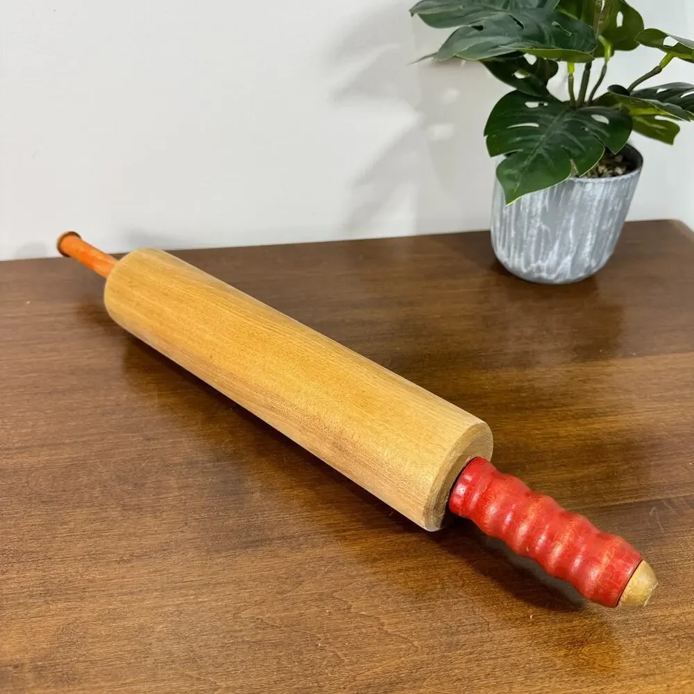 Vintage Wooden Rolling Pin Primitive Farmhouse Wood with Red Handles 17